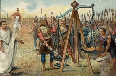 Brenno mette la sua spada nella bilancia, 390 a.C.: saccheggio di Roma da parte dei Galli guidati dal loro capo Brenno. Di fronte alla resistenza dei Romani, Brenno accettò di trattare con il tribuno militare romano Quinto Sulpicio: lasciò Roma in cambio d da Unknown artist