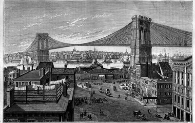 Ponte di Brooklyn. Iniziato nel 1869, in costruzione al momento dell