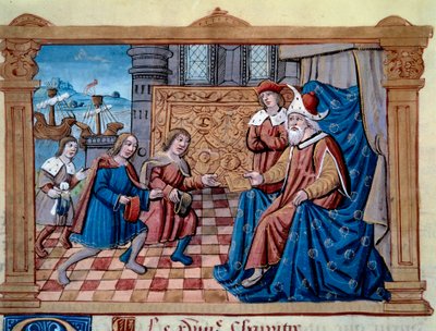 I fratelli Nicolo e Matteo Polo, padre e zio del giovane Marco Polo (1254-1324) ricevuti alla corte di Qubilai Khan, primo imperatore della dinastia mongola Yuan (1215-1294), imperatore mongolo nel 1271. Miniatura tratta da "Il Milione" da Unknown artist