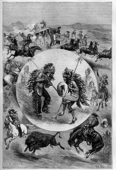Spettacolo di Buffalo Bill a Parigi: esercizi presentati dalla troupe di William Frederic Cody (1846-1917), noto come Buffalo Bill (attacco di una diligenza, danza Sioux, caccia al bufalo). Incisione in "La Nature. Revue des sciences et de ses applications da Unknown artist