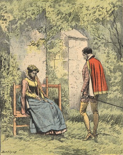 Bussy e Diane, conosciuta come Madame de Monsoreau, nel giardino della Chiesa. Illustrazione del romanzo 