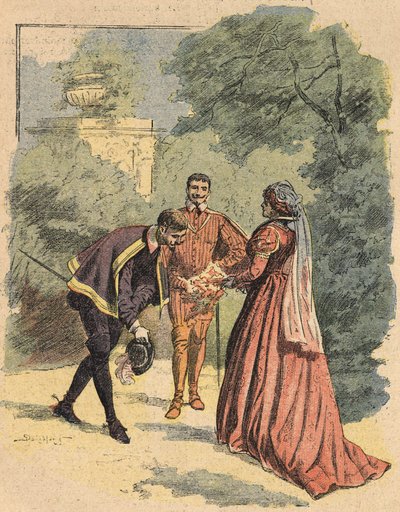 Bussy saluta Jeanne, accompagnata da San Luca, nel parco. Illustrazione del romanzo 