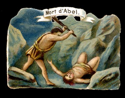Caino uccide il fratello minore Abele per gelosia (Figli di Adamo ed Eva). Cromolitografia del XIX secolo da Unknown artist