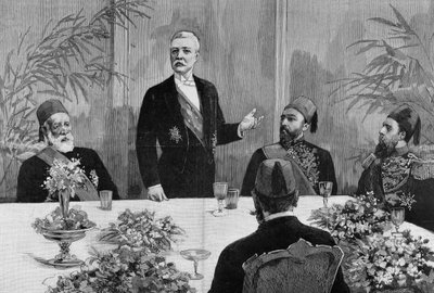 Il Cairo: Stanley (Sir Henry Morton) (1841 - 1904) tiene un discorso al suo banchetto. Incisione del XIX secolo da Unknown artist