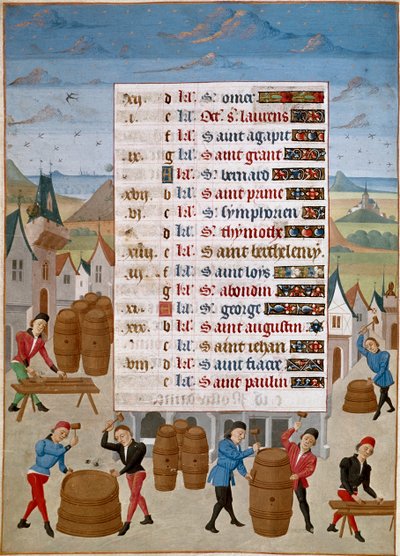 Calendario: Agosto - Fabbricazione di botti di vino - Miniatura del Maestro Jean de Rolin (15° secolo) da 