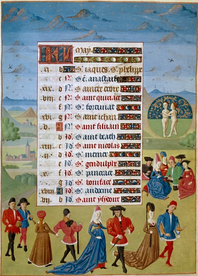 Calendario: il mese di maggio, danze e giochi - Miniatura del Maestro di Jean Rolin dal manoscritto 