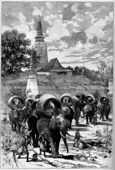 Cambogia: carovana di caccia del protettorato francese davanti alla montagna di Lady Penh (Pnom Penh, Pnom Penh) in "Il Mondo Illustre" n°1312 del 20 maggio da Unknown artist
