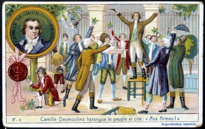 Camille Desmoulins arringa il popolo e grida "Alle armi!" - cromolitografia, fine XIX secolo da Unknown artist