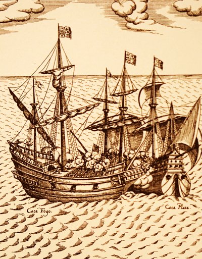 Cattura del galeone spagnolo il Cagafuego dal Golden Hind guidato da Francis Drake nel marzo 1579 (incisione) da Unknown artist