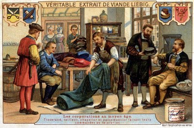 Professioni nel Medioevo: tessitore, sarto, cappellaio e pasticcere che ordinano al lavandaio - Cromolitografia Liebig da Unknown artist