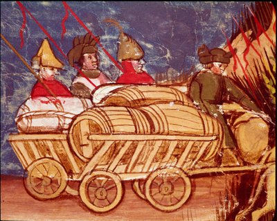 Trasporto di barili e cibo su carri. Miniatura dal codice 