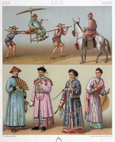 Sedie portatili, cavalieri e costumi in Cina - in “Le costume historique” di Racinet da Unknown artist