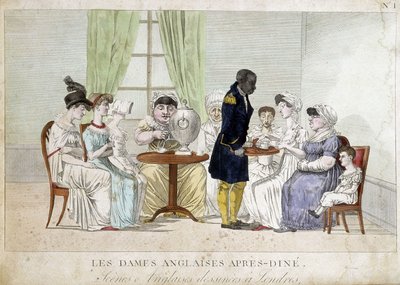 Caricatura sulle donne borghesi inglesi del XIX secolo: “Signore inglesi dopo cena”. Un servo nero porta loro il tè su un vassoio da Unknown artist