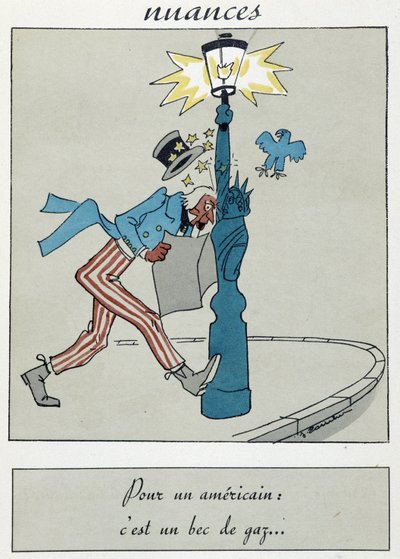 Cartone animato che mostra la Statua della Libertà con un becco a gas che sostituisce la torcia da Unknown artist