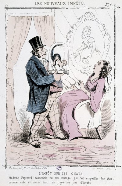 Tassa sui gatti: "Madame Papinard! Raduna tutto il tuo coraggio. Ho fatto imbalsamare il tuo gatto, così almeno non pagheremo la tassa" - caricatura da Unknown artist