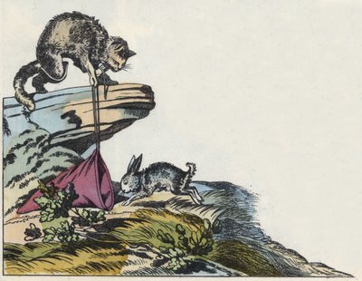 Il gatto cattura un coniglio. Illustrazione della fiaba "Il gatto con gli stivali" di Charles Perrault da Unknown artist