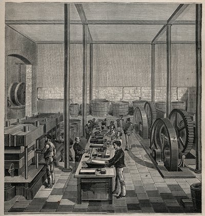 Celluloide: fabbricazione della celluloide. Incisione del 1885 in 