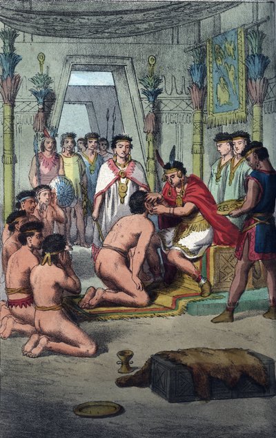 Cerimonia nella capitale Inca di Cuzco: Manco Capac (Ayar Manco) conferisce distinzione ai Principi del Sangue perforando le loro orecchie - incisione da "Usi e Costumi di Tutti i Popoli dell