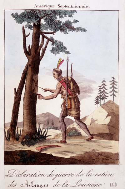 Cerimonia della dichiarazione di guerra tra gli indiani Akancas della Louisiana - incisione da Unknown artist