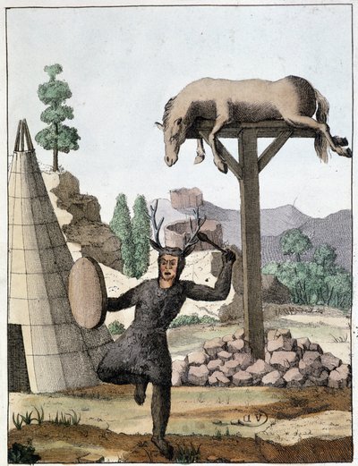 Sciamano tonguso che danza davanti a una sepoltura (Siberia) - incisione, inizi XIX secolo da Unknown artist