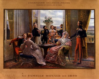 Champagne servito alla tavola reale nel 1840 - manifesto pubblicitario per lo champagne Delbeck, Fornitore della vecchia corte di Francia, fine XIX secolo da Unknown artist
