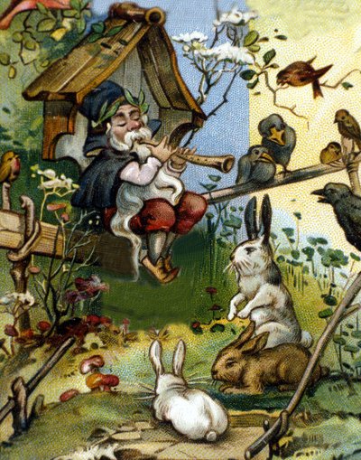 Personaggio del nano o farfadet suonatore di flauto. Cromolitografia del XIX secolo da Unknown artist