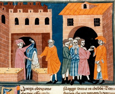 Carità nel Medioevo: "assistenza pubblica". Scena di carità e assistenza ai poveri. Miniatura della scuola fiorentina tratta dalla traduzione italiana del "Pater noster" del notaio fiorentino Ser Zucchero Bencivenni, inizio del XIV secolo da Unknown artist
