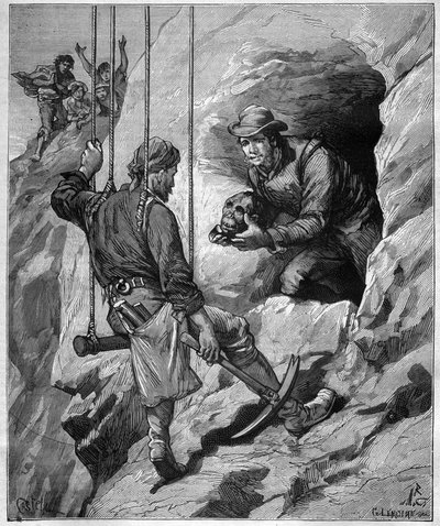 Charles Wiener (1851-1913) esploratore e diplomatico francese che esplora una grotta funeraria del Perù - incisione in “journal des voyages” 1887 da Unknown artist