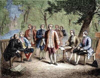 Charles de Secondat Montesquieu con il cenacolo scientifico al Castello di Clairac, Francia - Il cenacolo scientifico del castello di Clairac: Montesquieu e il barone de Secondat, suo figlio, il cavaliere de Vivens, Romas e i fratelli Dutilh - in "Album de da Unknown artist