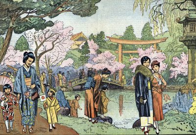 Cherry Blossoms in Spring, Japan (Fiori di ciliegio giapponesi in Giappone in primavera, aprile 1933) Illustrazione da "Le pelerin" 1933 Collezione privata da Unknown Artist