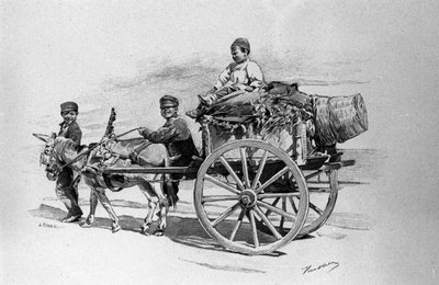 Bambini del popolo su un carro trainato da un asino. Incisione della Sicilia del XIX secolo da Unknown artist