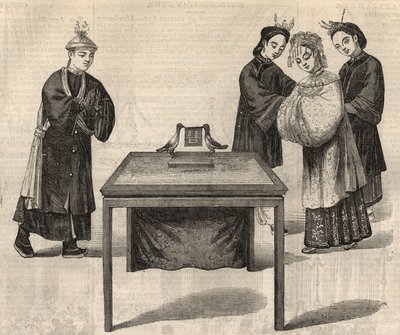 Usanza cinese: firma di un contratto di matrimonio. Una tavoletta con i nomi dei due sposi è posta su un tavolo con due colombe. Incisione in "The Illustrated London News" del 14 febbraio 1857. da Unknown artist