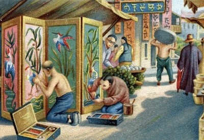 Plumassiers cinesi che lavorano per strada: realizzano pannelli o schermi usando un ago e piume. Cromolitografia del XIX secolo da Unknown artist