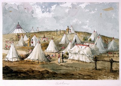 Chobham, Colonnello Hodges, tenda del campo dei Grenadier Guards. La tenda della Regina oltre la collina da Unknown artist