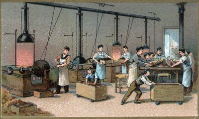 Produzione di cioccolato. Sala di torrefazione del cacao. Cromolitografia della fine del XIX secolo da Unknown artist
