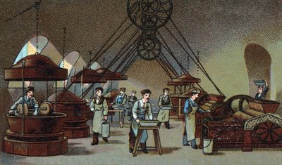 Fabbricazione di cioccolato: laboratorio di macinazione. Cromolitografia della fine del XIX secolo da Unknown artist