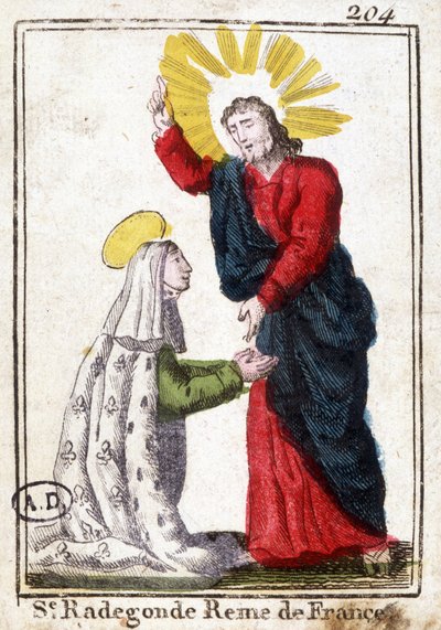 Cristo e Santa Radegonda (ca. 520 - 587), Regina di Francia, moglie di Clotario I. Immagine pia. Incisione dell