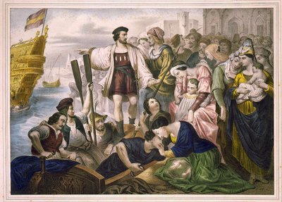 Cristoforo Colombo e i fratelli Pinzon lasciano il porto di Palos in Spagna il 03/08/1492 per il Nuovo Mondo. Incisione sd. 2ª metà del XIX secolo da Unknown artist