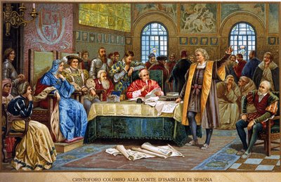 Cristoforo Colombo alla corte di Isabella I di Spagna, detta la Cattolica o di Castiglia. Cromolitografia del XIX secolo da Unknown artist