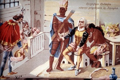 Cristoforo Colombo ritorna prigioniero in Spagna. Cromolitografia del XIX secolo da Unknown artist