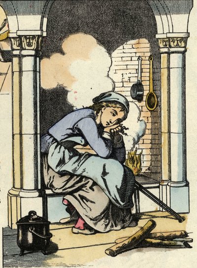Cenerentola sogna una vita migliore vicino al camino della cucina. Illustrazione della fiaba di Charles Perrault "Cenerentola o La piccola scarpetta di vetro" da Unknown artist