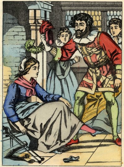 Cenerentola prova la scarpetta di vetro trovata dal principe. Illustrazione del racconto di Charles Perrault "Cenerentola o La piccola scarpetta di vetro" da Unknown artist