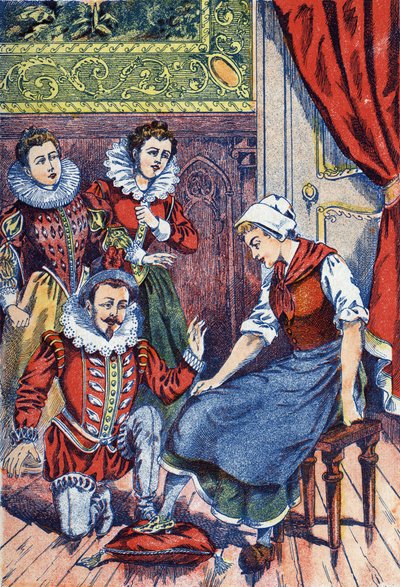 Cenerentola prova la scarpetta. Illustrazione anonima per "Cenerentola", racconto di Charles Perrault (1628-1703), scrittore francese. Immagini Marcel Vagne, Jarville Nancy, senza data (fine XIX secolo) da Unknown artist