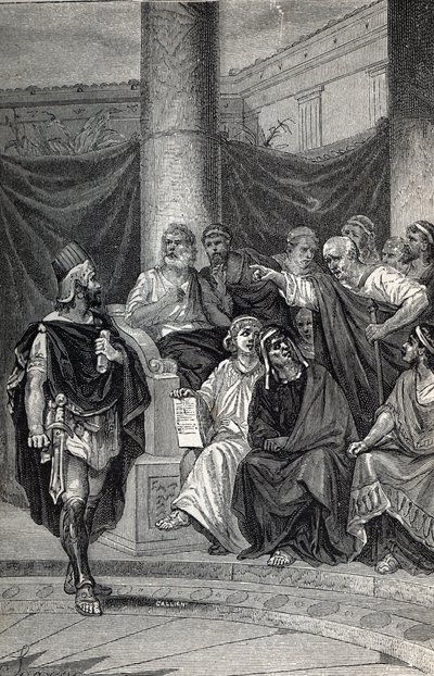Cineas importante consigliere del re Pirro che cerca di negoziare con i Romani dopo la battaglia di Eraclea 280 a.C., Incisione 1884 da Unknown artist