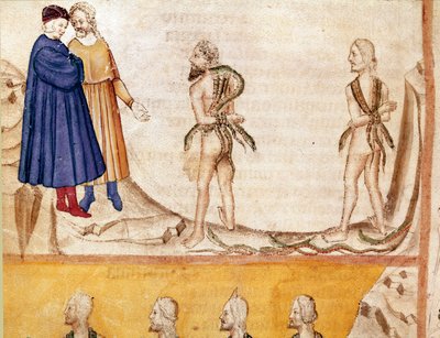 Cerchio dei ladri: Vanni Fucci (XIII secolo) predice a Dante e Virgilio la sconfitta dei Guelfi Bianchi. Pagina miniata che illustra il XXIV canto dell
