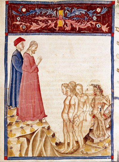 Cerchio dei Traditori: Dante e Virgilio incontrano le anime dei traditori dei benefattori. Pagina miniata che illustra il 34° canto dell