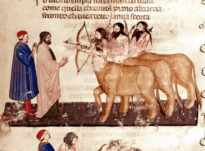 Cerchio dei Violenti: Dante e Virgilio incontrano i Centauri armati di archi e frecce. Pagina illuminata che illustra il 7° canto dell