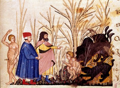 Cerchio dei Violenti: Dante e Virgilio incontrano i violenti contro gli altri. Pagina miniata che illustra un canto dell