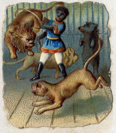 Circo: un domatore in una gabbia con animali selvatici da Unknown artist