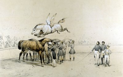 Spettacolo circense: un cavallo alato salta sopra tre cavalli bendati da Unknown artist